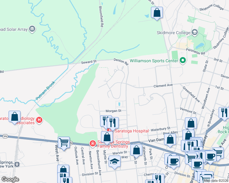 map of restaurants, bars, coffee shops, grocery stores, and more near 6 Birch Run Drive in Saratoga Springs