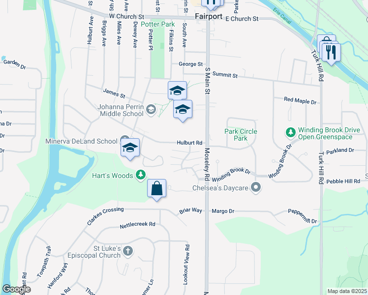 map of restaurants, bars, coffee shops, grocery stores, and more near 4 High Gate Trail in Fairport