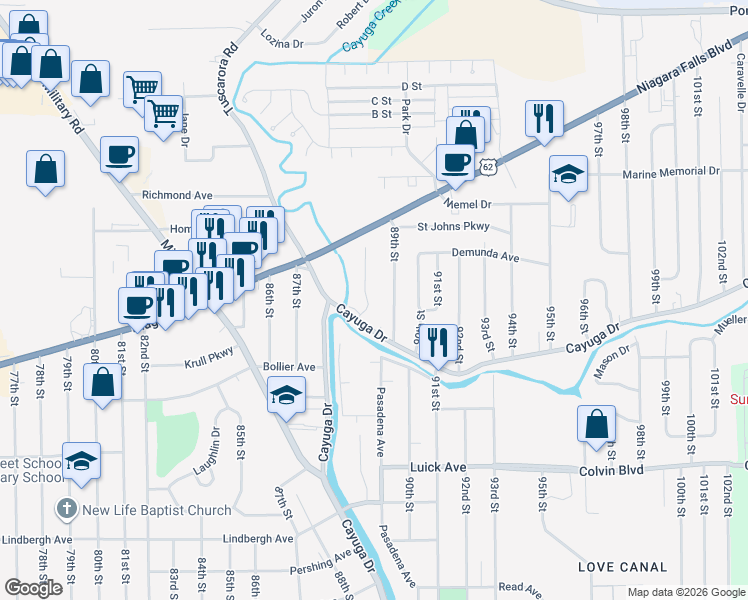 map of restaurants, bars, coffee shops, grocery stores, and more near 1250 89th Street in Niagara Falls