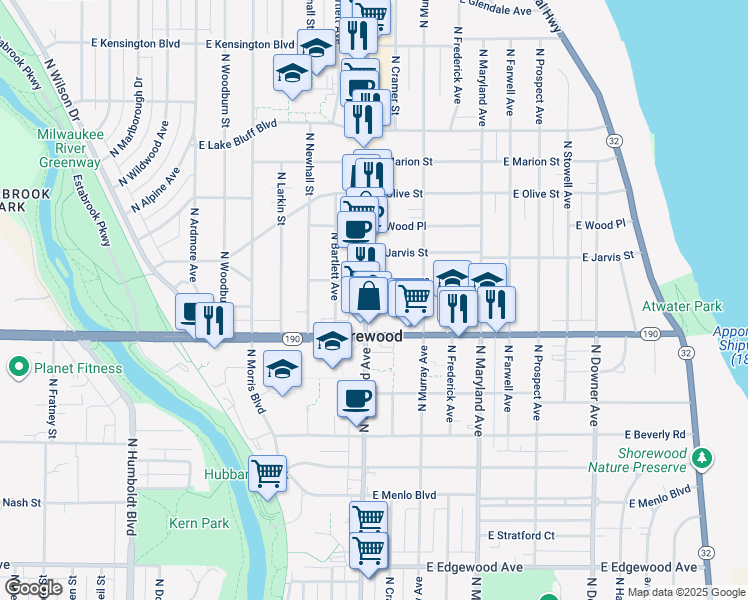 map of restaurants, bars, coffee shops, grocery stores, and more near 1821 East Kenmore Place in Shorewood