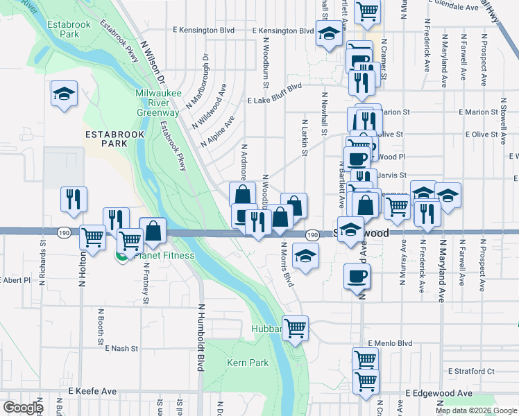 map of restaurants, bars, coffee shops, grocery stores, and more near 4111 North Woodburn Street in Shorewood