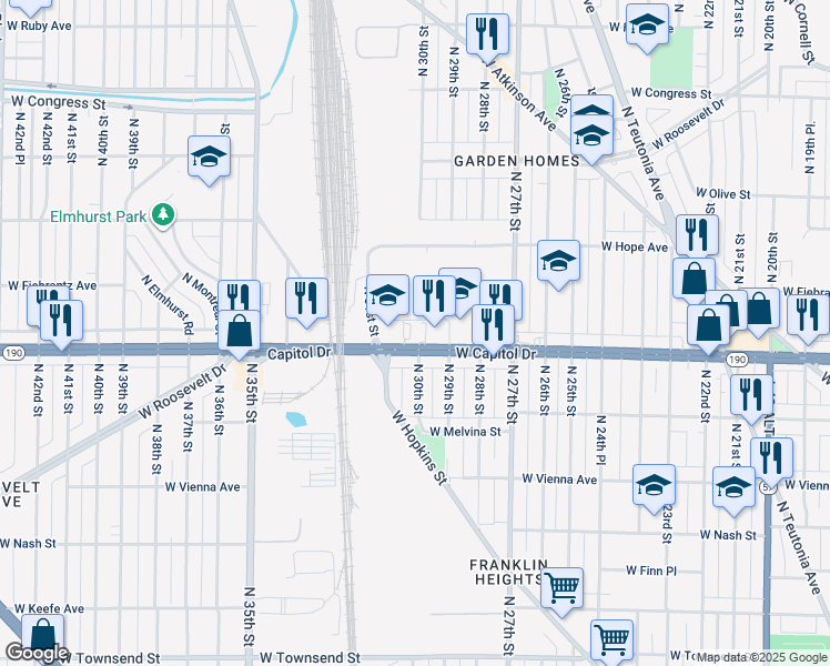 map of restaurants, bars, coffee shops, grocery stores, and more near 3008-3012 West Capitol Drive in Milwaukee