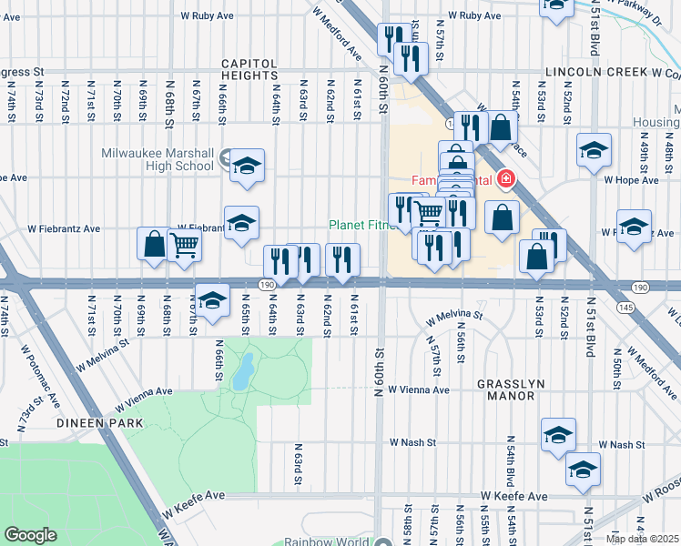 map of restaurants, bars, coffee shops, grocery stores, and more near 4021 North 61st Street in Milwaukee