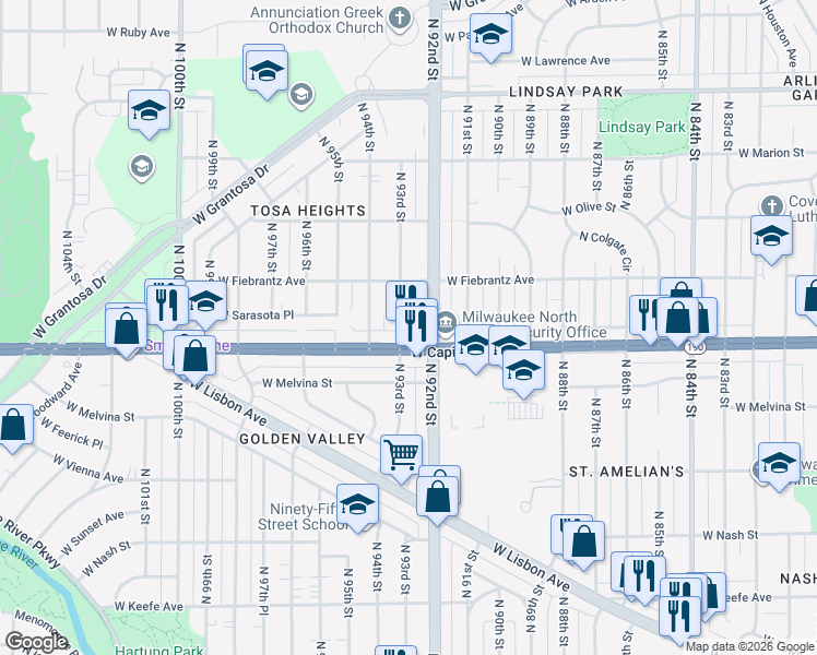 map of restaurants, bars, coffee shops, grocery stores, and more near 4030 North 93rd Street in Wauwatosa