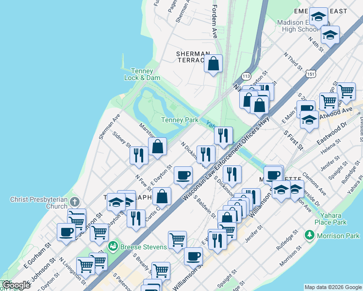 map of restaurants, bars, coffee shops, grocery stores, and more near 216 North Dickinson Street in Madison