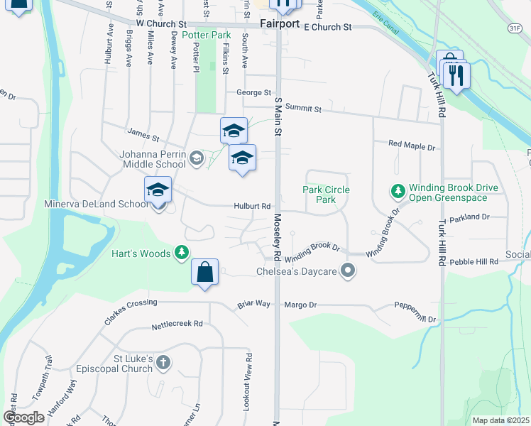 map of restaurants, bars, coffee shops, grocery stores, and more near 6 High Gate Trail in Fairport