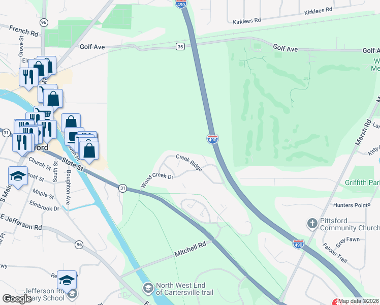 map of restaurants, bars, coffee shops, grocery stores, and more near 52 Creek Ridge in Pittsford