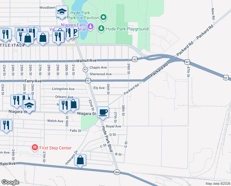 map of restaurants, bars, coffee shops, grocery stores, and more near 3637 Ely Avenue in Niagara Falls