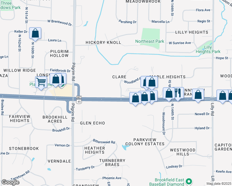 map of restaurants, bars, coffee shops, grocery stores, and more near 15100 West Capitol Drive in Brookfield
