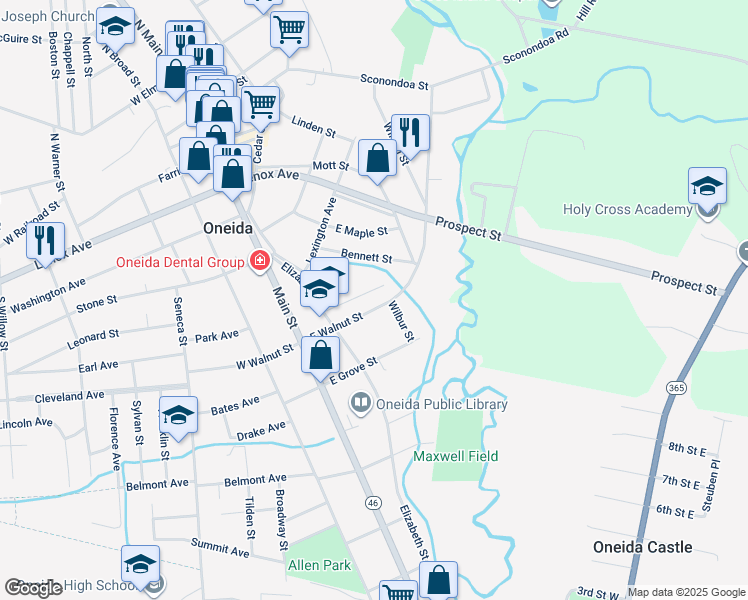 map of restaurants, bars, coffee shops, grocery stores, and more near 233 East Walnut Street in Oneida