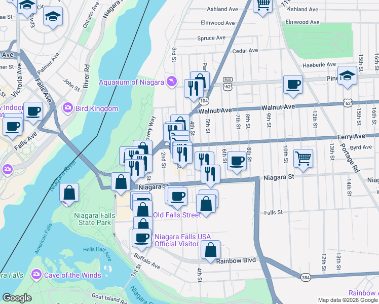 map of restaurants, bars, coffee shops, grocery stores, and more near 473 3rd Street in Niagara Falls