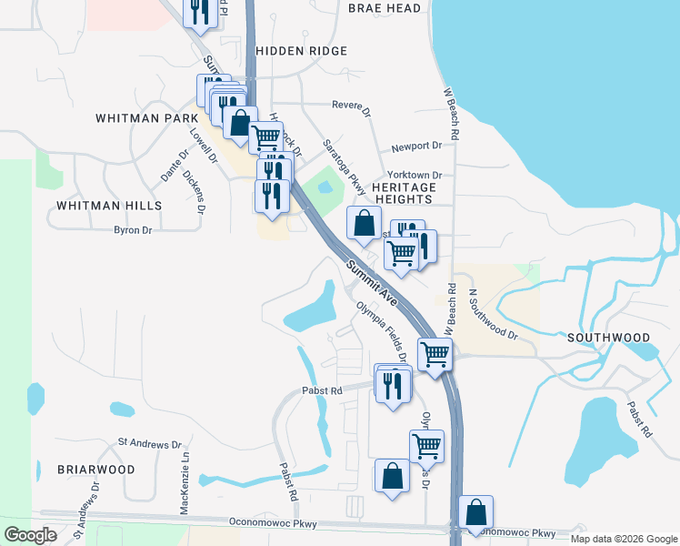 map of restaurants, bars, coffee shops, grocery stores, and more near 707 Regent Road in Oconomowoc