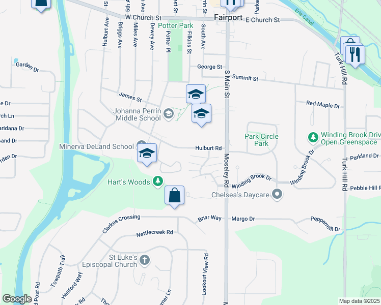 map of restaurants, bars, coffee shops, grocery stores, and more near 1 High Gate Trail in Fairport