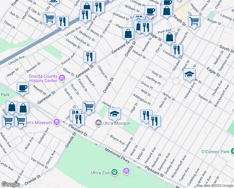 map of restaurants, bars, coffee shops, grocery stores, and more near Kemble Street & Clinton Place in Utica
