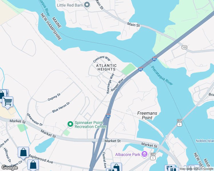 map of restaurants, bars, coffee shops, grocery stores, and more near 573 Kearsarge Way in Portsmouth
