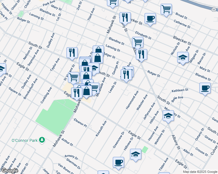 map of restaurants, bars, coffee shops, grocery stores, and more near 1118 Leeds Street in Utica