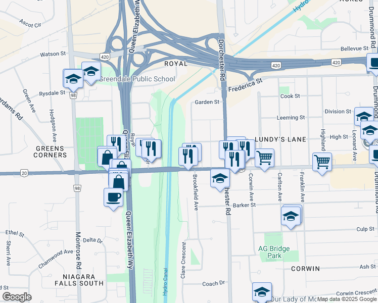 map of restaurants, bars, coffee shops, grocery stores, and more near 5793 Brookfield Avenue in Niagara Falls