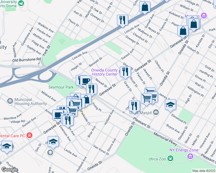 map of restaurants, bars, coffee shops, grocery stores, and more near 1628 Genesee Street in Utica