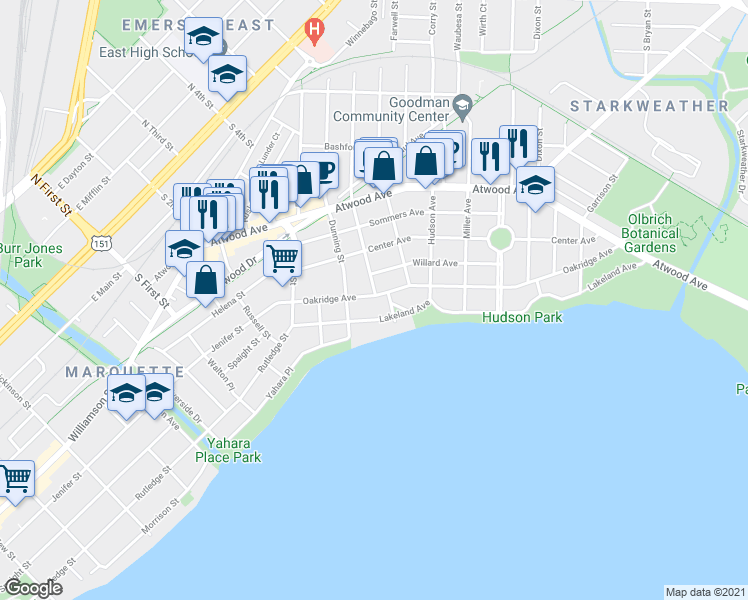 map of restaurants, bars, coffee shops, grocery stores, and more near 2225 Oakridge Avenue in Madison