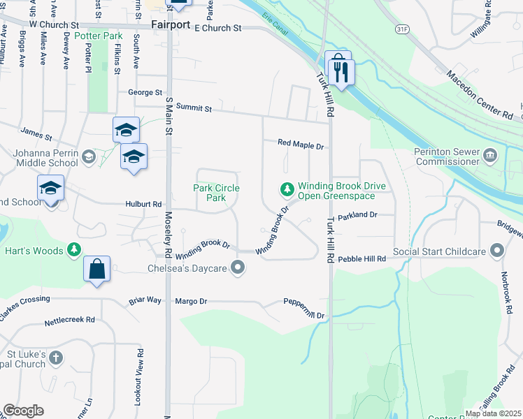 map of restaurants, bars, coffee shops, grocery stores, and more near 26 Misty Pine Road in Fairport