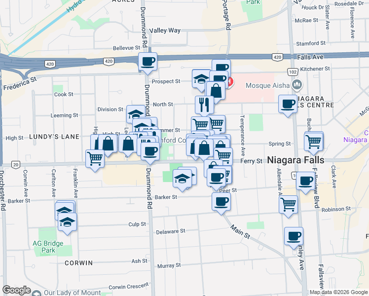 map of restaurants, bars, coffee shops, grocery stores, and more near 6040 Latshaw Street in Niagara Falls