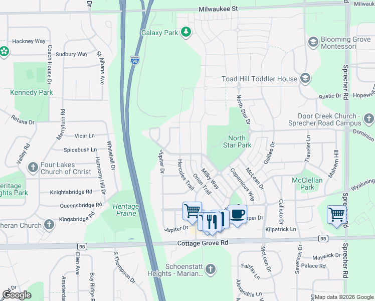 map of restaurants, bars, coffee shops, grocery stores, and more near 557 Orion Trail in Madison