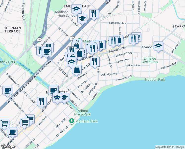 map of restaurants, bars, coffee shops, grocery stores, and more near 2026 Jenifer Street in Madison