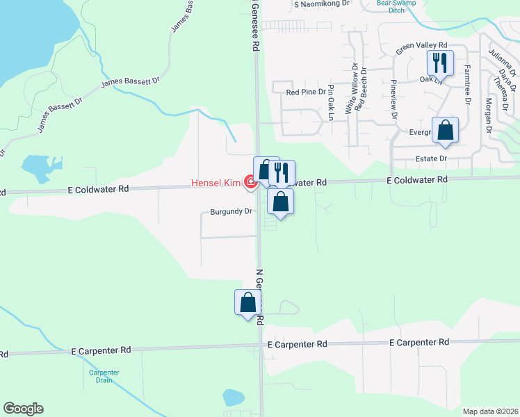 map of restaurants, bars, coffee shops, grocery stores, and more near 5491 North Genesee Road in Flint