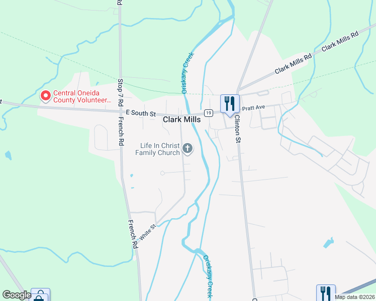 map of restaurants, bars, coffee shops, grocery stores, and more near 19 White Street in Clark Mills