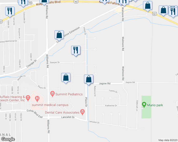 map of restaurants, bars, coffee shops, grocery stores, and more near 6881 Plaza Drive in Niagara Falls