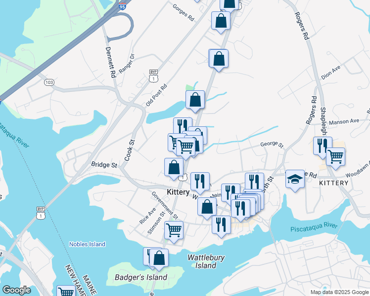 map of restaurants, bars, coffee shops, grocery stores, and more near 55 State Road in Kittery