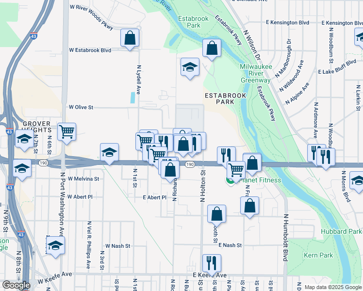 map of restaurants, bars, coffee shops, grocery stores, and more near 362 East Capitol Drive in Milwaukee