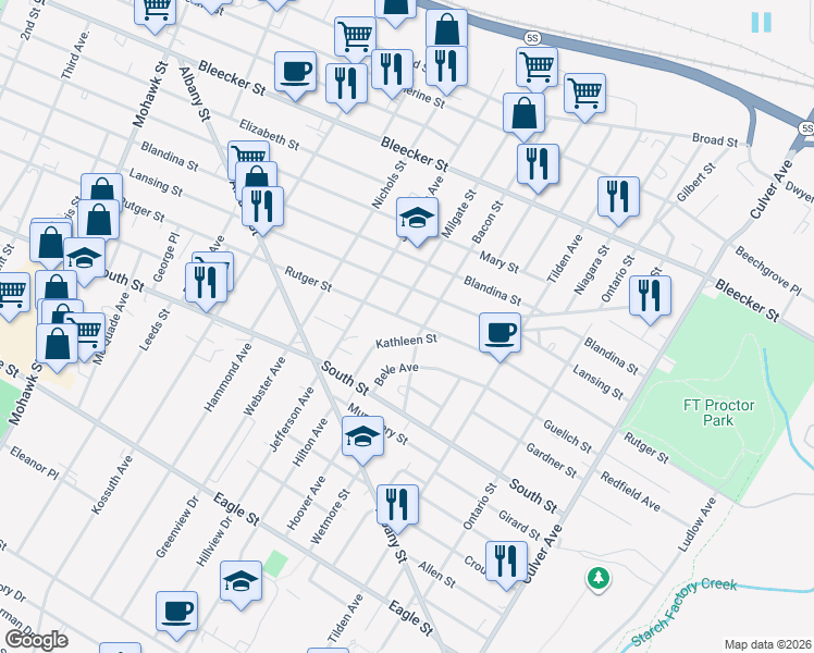 map of restaurants, bars, coffee shops, grocery stores, and more near 1204 Rutger St in Utica