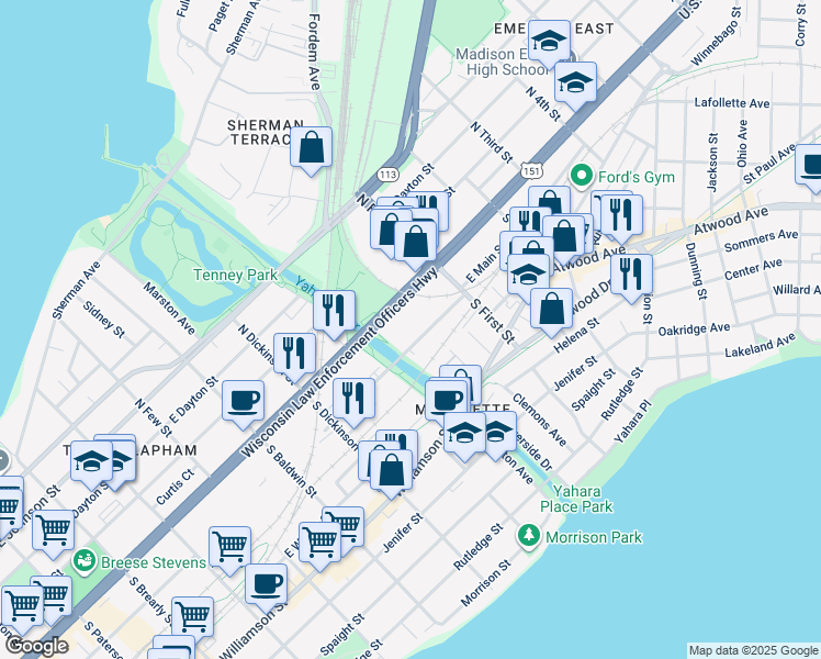 map of restaurants, bars, coffee shops, grocery stores, and more near 1825 East Washington Avenue in Madison