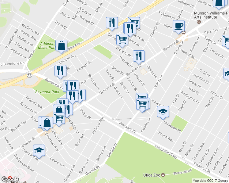 map of restaurants, bars, coffee shops, grocery stores, and more near 2 Grant St in Utica