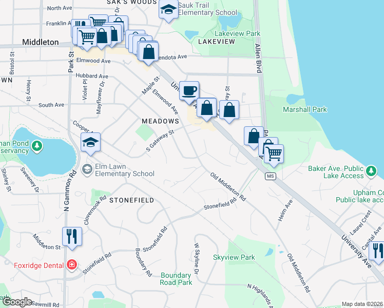 map of restaurants, bars, coffee shops, grocery stores, and more near 1810 Countryside Drive in Middleton