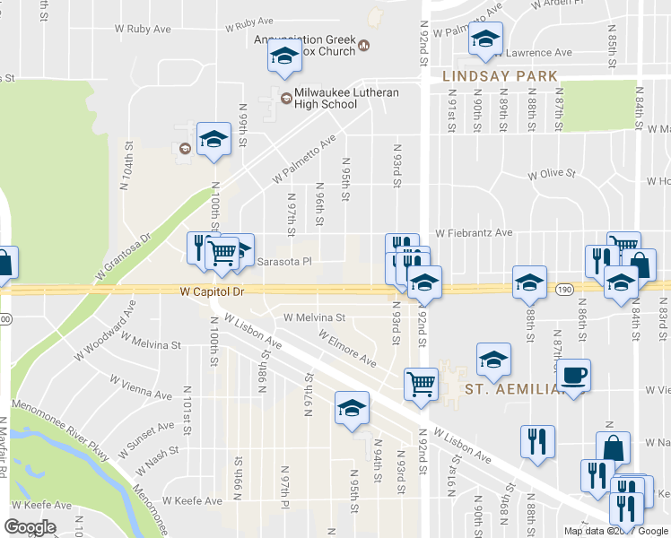 map of restaurants, bars, coffee shops, grocery stores, and more near 9511 West Sarasota Place in Wauwatosa