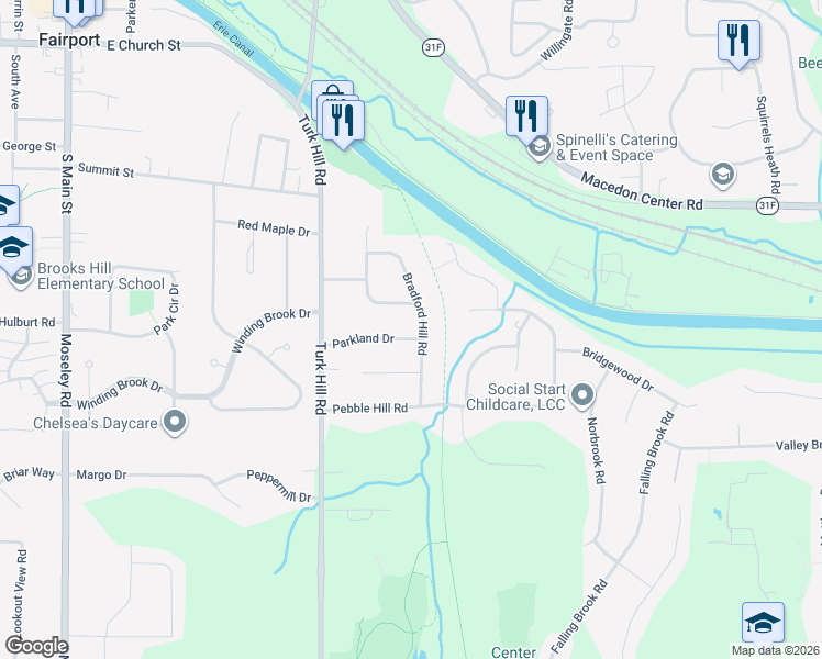 map of restaurants, bars, coffee shops, grocery stores, and more near 18 Parkland Drive in Fairport
