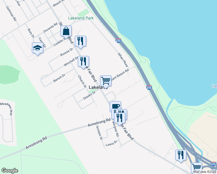 map of restaurants, bars, coffee shops, grocery stores, and more near 108 Pleasant Beach Road in Syracuse