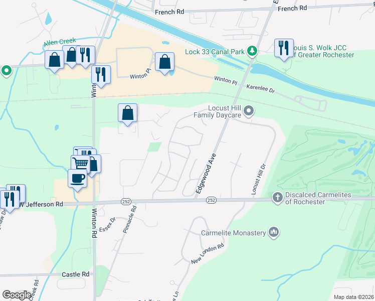 map of restaurants, bars, coffee shops, grocery stores, and more near 460 Surrey Hill Way in Rochester