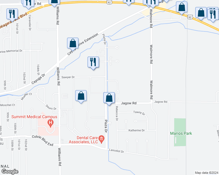 map of restaurants, bars, coffee shops, grocery stores, and more near 6881 Plaza Drive in Niagara Falls