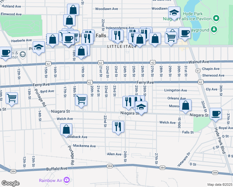 map of restaurants, bars, coffee shops, grocery stores, and more near 470 23rd Street in Niagara Falls