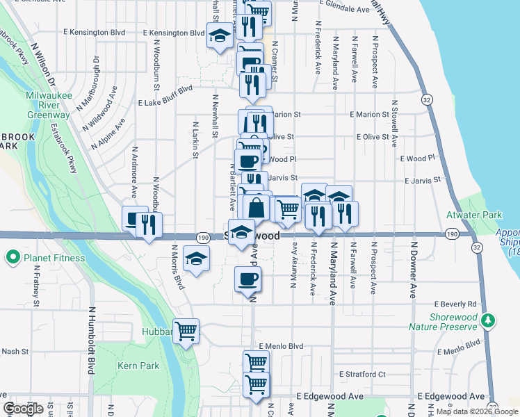 map of restaurants, bars, coffee shops, grocery stores, and more near 1821 East Kenmore Place in Shorewood