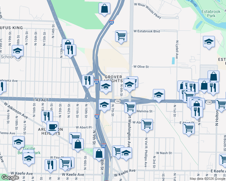 map of restaurants, bars, coffee shops, grocery stores, and more near 4050 North 7th Street in Milwaukee