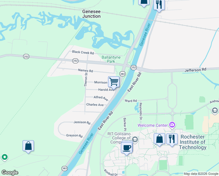 map of restaurants, bars, coffee shops, grocery stores, and more near 12 Harold Avenue in Rochester