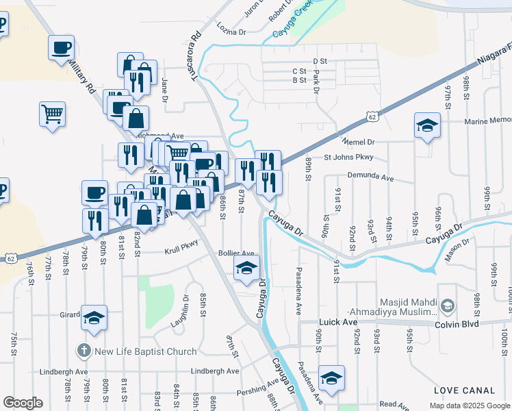 map of restaurants, bars, coffee shops, grocery stores, and more near 8730 Tuscarora Road in Niagara Falls
