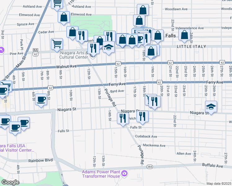 map of restaurants, bars, coffee shops, grocery stores, and more near 1421 Byrd Ave in Niagara Falls