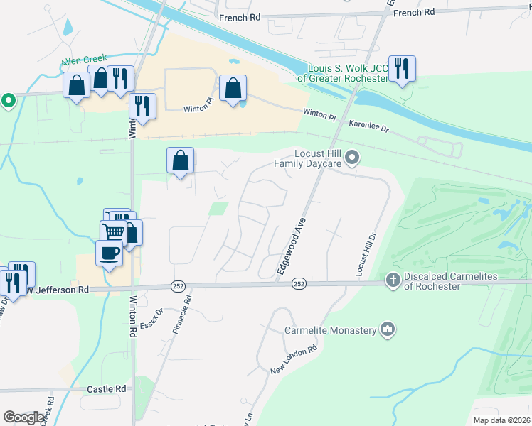map of restaurants, bars, coffee shops, grocery stores, and more near 460 Surrey Hill Way in Rochester