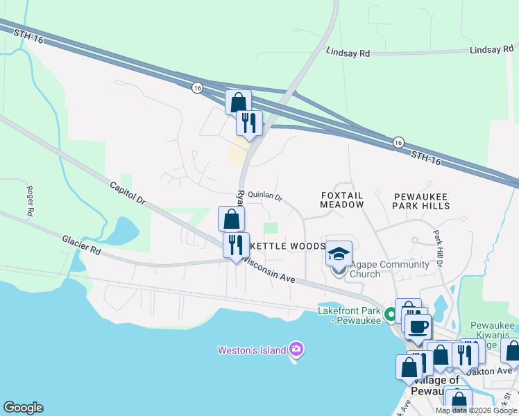 map of restaurants, bars, coffee shops, grocery stores, and more near 538 Grandview Court in Pewaukee