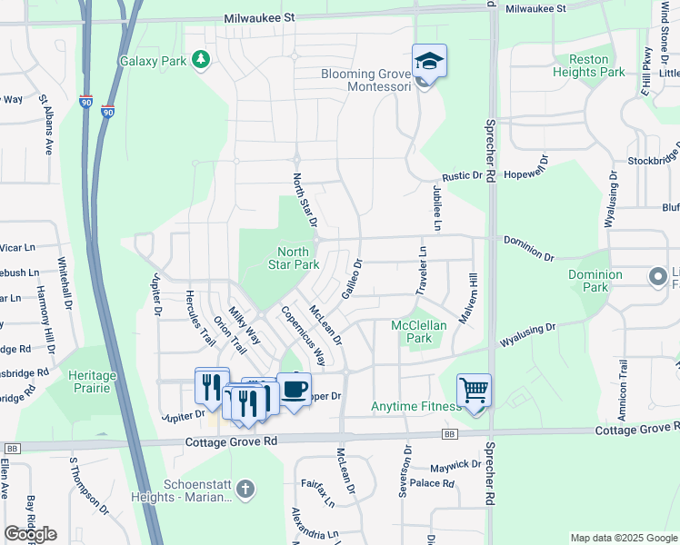 map of restaurants, bars, coffee shops, grocery stores, and more near 525 Pluto Street in Madison